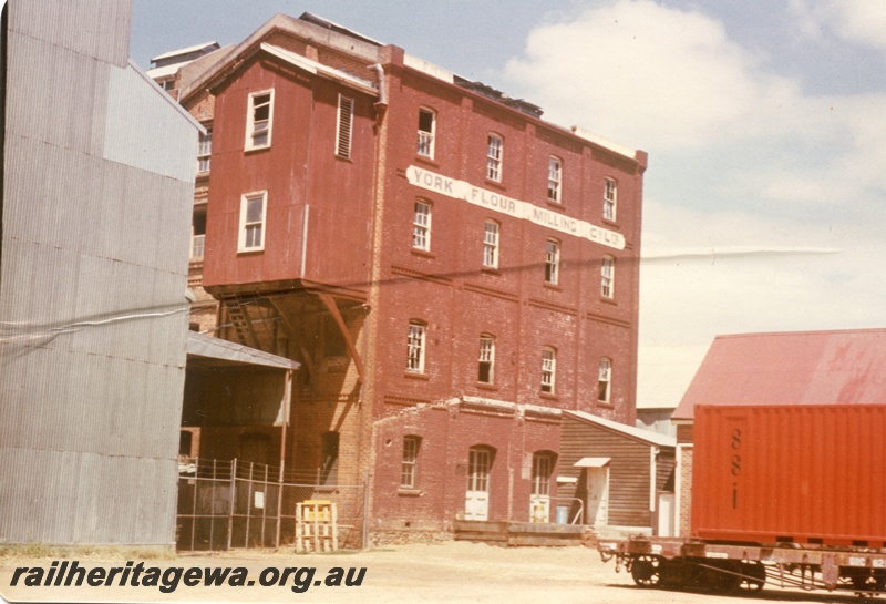 P14775
Flour mill, York. GSR line, container on a bogie flat wagon on the line entering the mil
