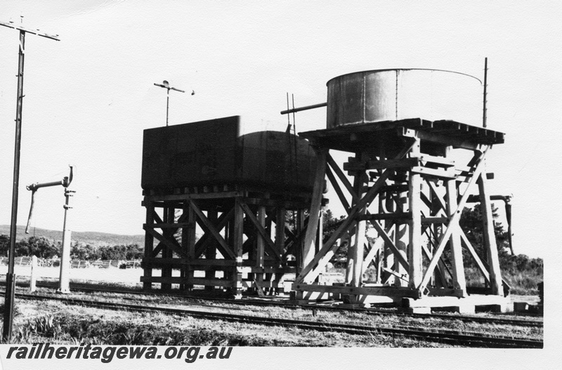 P14779
2 of 6 images of the station precinct and buildings at Elleker, c1970, water towers, water columns, side and end view
