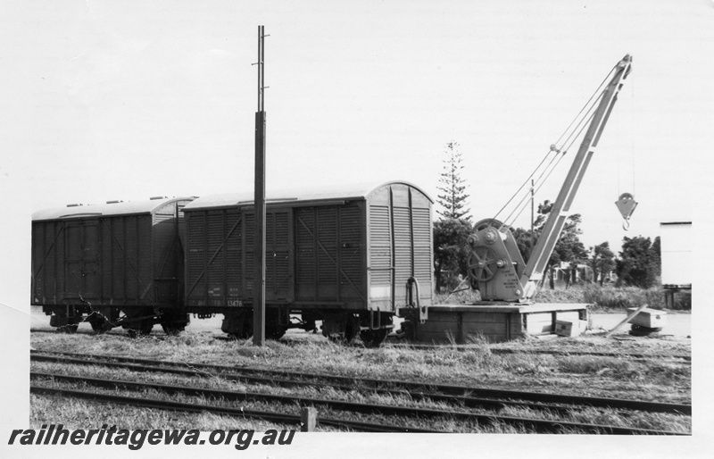 P14782
5 of 6 images of the station precinct and buildings at Elleker, c1970, DC class van, FD class 13478, platform crane.
