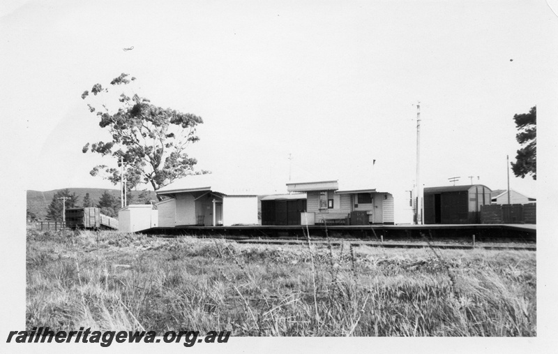 P14783
6 of 6 images of the station precinct and buildings at Elleker, c1970, station buildings, CXA class sheep wagon at the stock yard.
