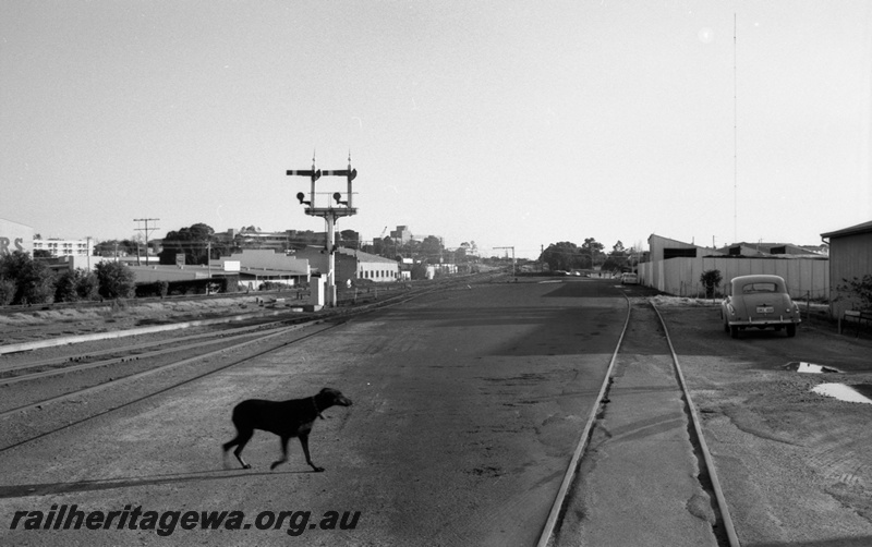 P14808
5 of 21 images of the railway precinct and station buildings at Subiaco, c1969, bracket signal with shunting dollies
