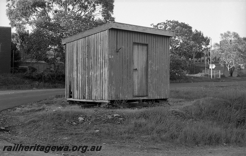 P14813
10 of 21 images of the railway precinct and station buildings at Subiaco, c1969, small shed, end and side view

