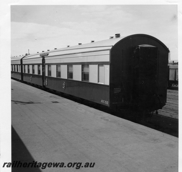 P14833
AYC class 512 second class passenger carriage, part of the Australind set, side and end view, Bunbury, SWR line.
