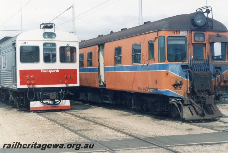 P14838
ADK class 687 diesel railcar in Transperth livery, front view.ADGV class 618 diesel railcar in Westrail orange livery, side and front view, 
