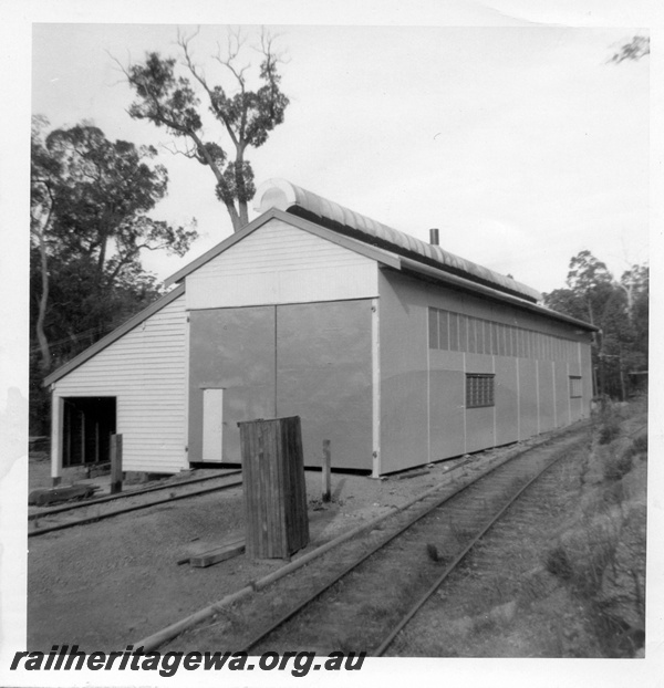 P14852
Loco shed, end and side view, Donnelly River Mill.
