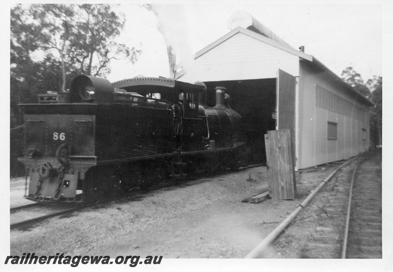 P14854
2 of 2, Bunnings YX class 86 steam locomotive, tender and side view, loco shed, Donnelly River Mill.
