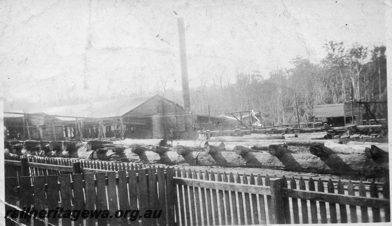 P14861
Timber mill with log landing and railway line, location and date Unknown
