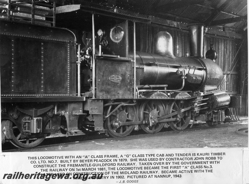 P14866
Kauri Timber Company No.7 steam locomotive, side view in a shed, Nannup.
