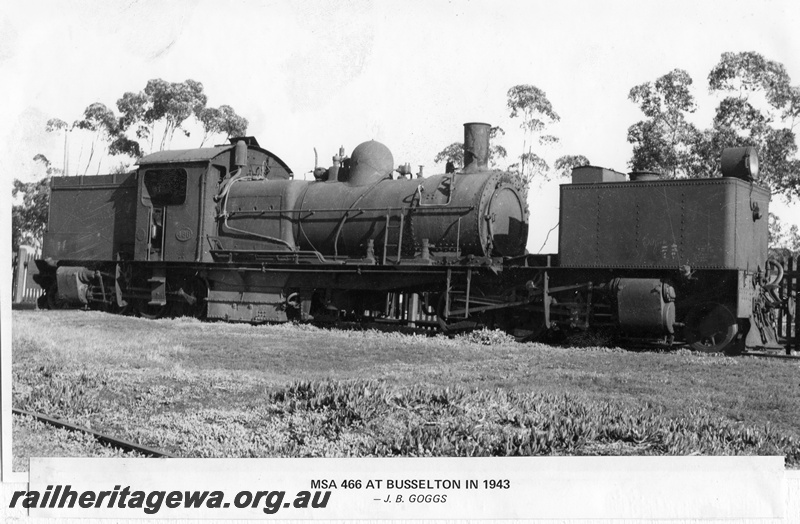P14883
MSA class 466 Garratt articulated steam locomotive, side and front view, Busselton, BB line.
