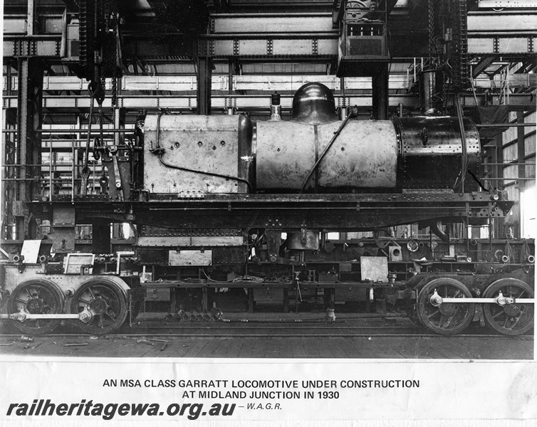 P14886
MSA class Garratt articulated steam locomotive under construction at Midland workshops.
