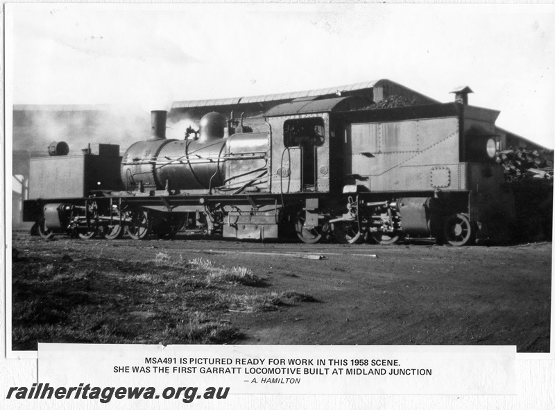 P14892
MSA class 491 Garratt articulated steam locomotive, side view. This is the first Garratt built at Midland Workshops, Bunbury loco depot, SWR line, side and end view
