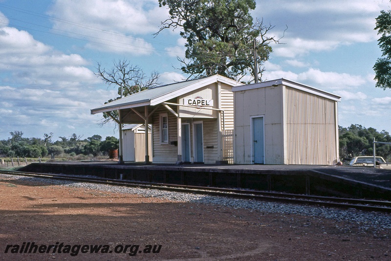 P14907
Station building and Out-of shed, passenger platform, track side view, Capel, SWR line.
