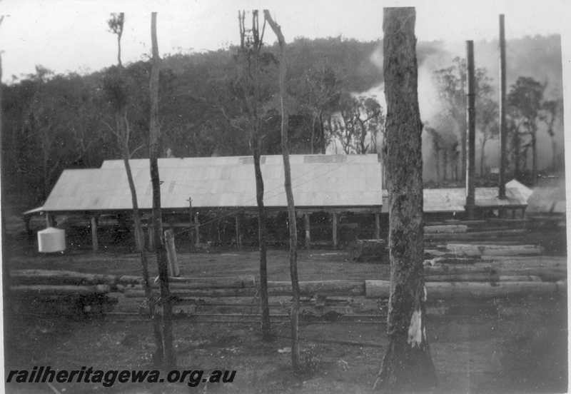 P14926
Rake of logs on jinkers at the log landing at the Nyamup Mill, mill buildings behind the landing, side view.
