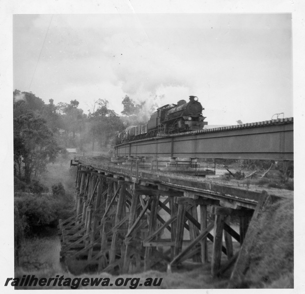 P14981
W class on goods train crossing the new steel girder bridge at Bridgetown PP line, the old trestle bridge in the foreground
