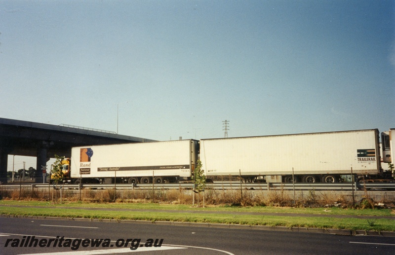 P15011
Trailer Railers RANR 1111 and RANR 1117, on bogies, Forrestfield, side view
