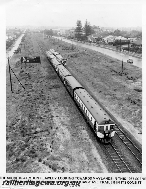 P15021
ADG class diesel rail car set including an AYE class trailer, elevated view, Mount Lawley, ER line
