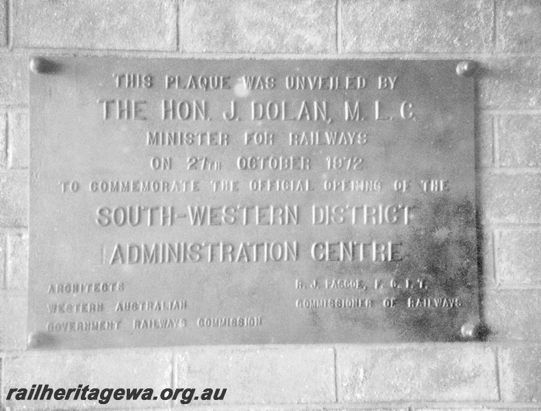 P15127
The plaque designating the opening of the South West District Administrative centre at Bunbury by Hon. J. Dolan. SWR line.
