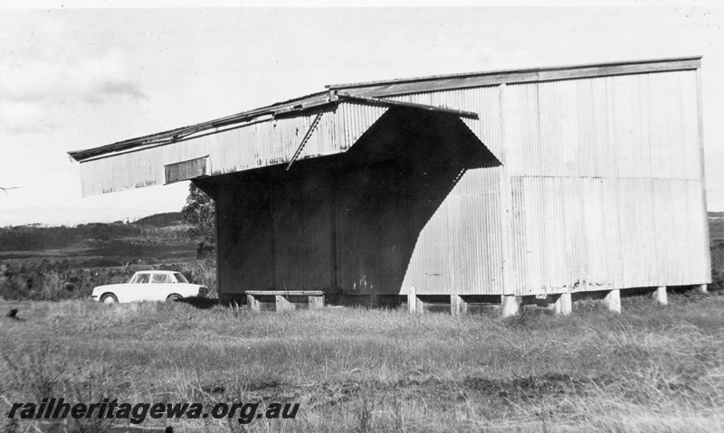 P15148
2 of 3 views of the abandoned goods shed at Bornholm, D line, c1970, trackside and west end view
