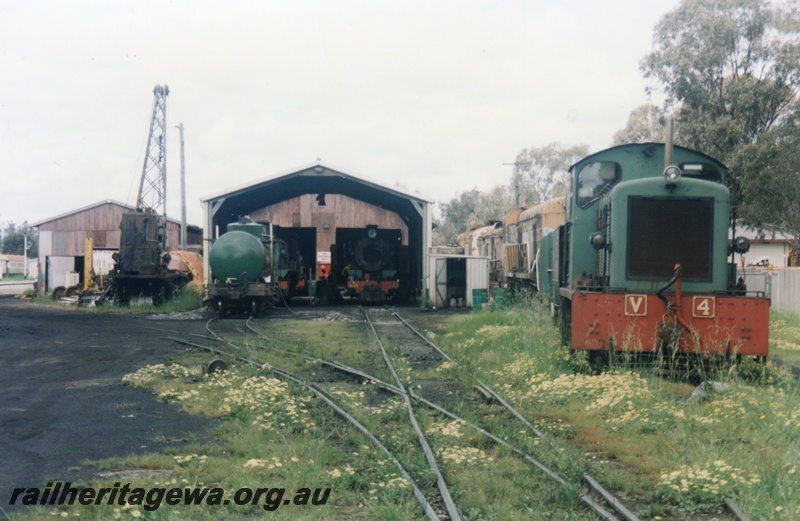 P15186
2 of 6 images of showing the Hotham Valley Railway's use of the facilities at Pinjarra, SWR line, ex TGR loco V class 4 with the steam crane and W class 945 in the background in front of the loco shed
