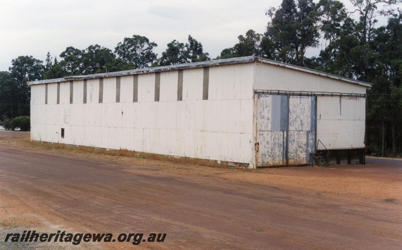 P15191
1 of 7 images of the railway precinct at Manjimup, PP line. Disused goods shed no longer served by rail, trackside and end view
