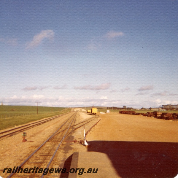 P15239
Shunting yard, goods wagons in siding, Dongara, line on left of picture leads to Perth via Midland, MR line, line in the centre leads to Eneabba, DE line 
