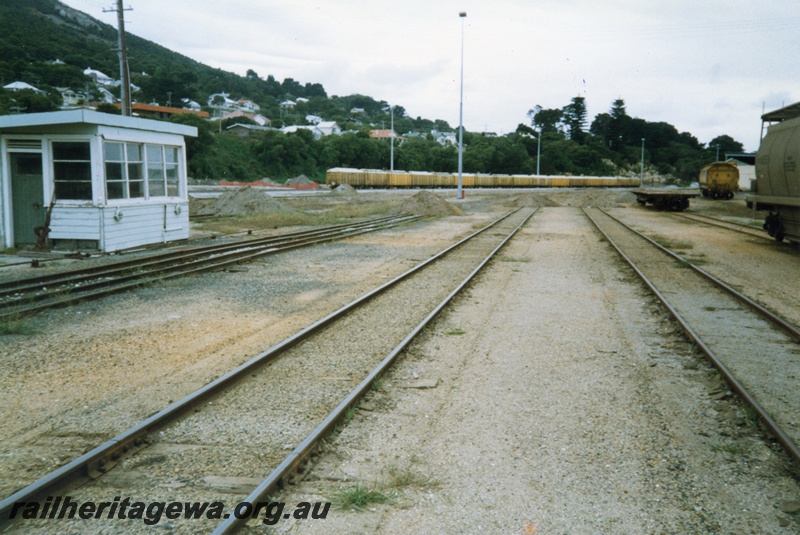 P15305
Tracks, weighbridge, trackside hut, rake of goods wagons, Albany yard, GSR line
