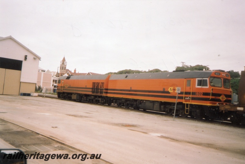P15308
Australian Railroad Group diesel No 1602, ARG diesel No 1605, shed, Albany, GSR line, side and end view
