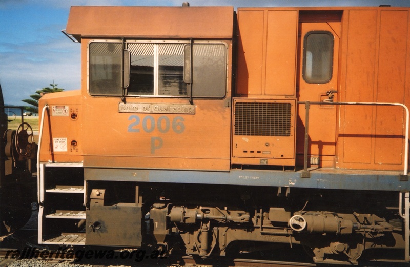 P15351
P class 2006 'Shire of Quairading' stabled at Albany at the head of a grain train. GSR line, Side view of part of bogie of locomotive.
