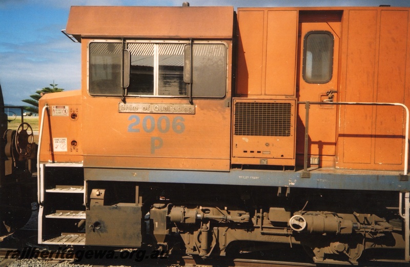 P15351
P class 2006 'Shire of Quairading' stabled at Albany at the head of a grain train. GSR line, Side view of part of bogie of locomotive.
