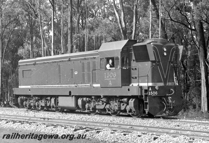 P15385
A class 1506 diesel locomotive pictured on trial after overhaul. Location Unknown. This locomotive was the first narrow gauge locomotive fitted with dynamic brakes. 
