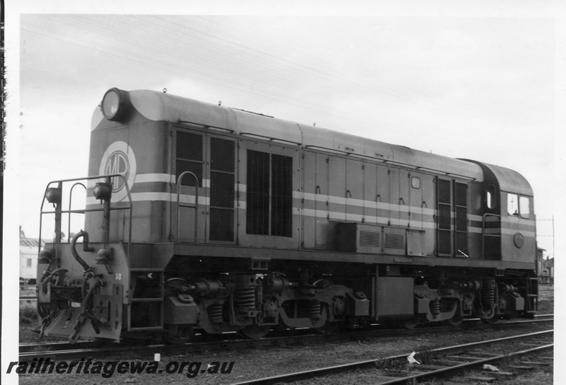 P15386
G class 50 diesel locomotive in Midland Railway colours of maroon and cream at Midland Workshops. The MR emblem is circled on the nose of the locomotive.
