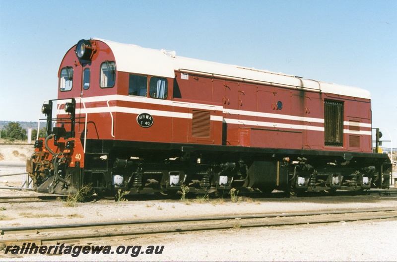 P15389
F class 40 diesel locomotive restored to its original colour scheme pictured at the north end of Forrestfield Locomotive depot.
