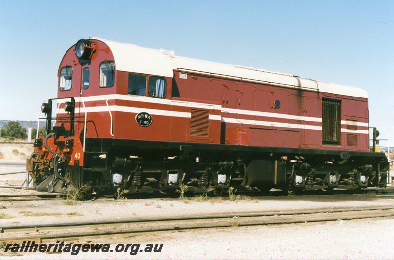 P15389
F class 40 diesel locomotive restored to its original colour scheme pictured at the north end of Forrestfield Locomotive depot.
