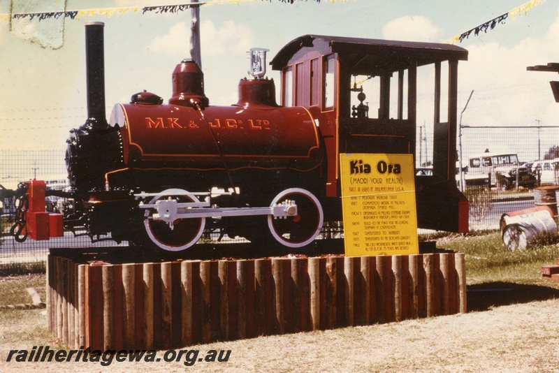 P15391
Kia Ora steam locomotive restored for display at the 1978 Royal Show at Claremont. The locomotive is painted in the colour scheme used by Millars Karri & Jarrah Co. Ltd.
