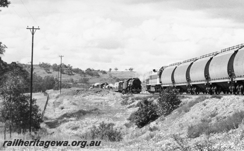 P15393
V class 1202 narrow gauge steam locomotive and L class 262 standard gauge diesel locomotive crossing their respective trains in the Avon Valley. The V class was the largest steam locomotive and the L class was the largest diesel locomotive on the WA system.
