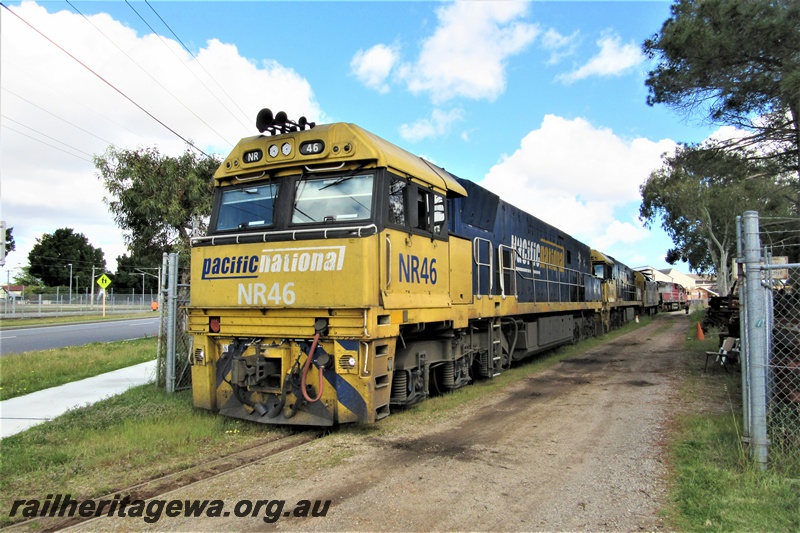 P15399
Pacific National loco, NR class 46 leading NR class 110 and AN class 9 on the line passing through the site of the Rail Transport Museum departing after delivering Mineral Resources loco MRL class 003 to UGL's plant, Bassendean, front and side view
