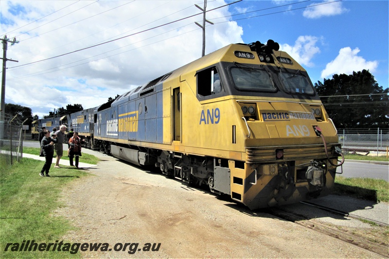 P15401
Pacific National loco, AN class 9 trailing NR class 110 and NR class 46, on the line passing through the site of the Rail Transport Museum departing after delivering Mineral Resources loco MRL class 003 to UGL's plant, Bassendean, side and front view
