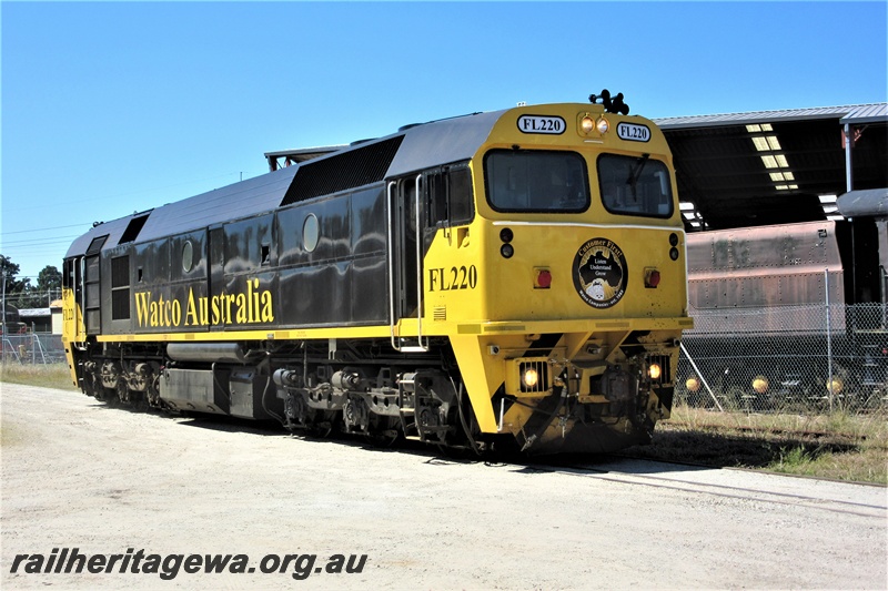 P15404
Watco Australia loco FL class 220 passing through the site of the Rail Transport Museum heading for UGL's plant in Bassendean, side and end view
