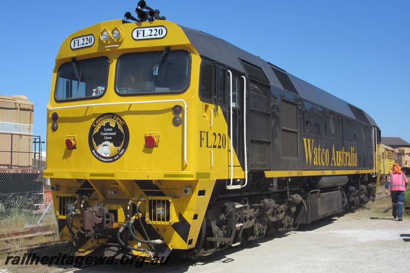 P15405
Watco Australia loco FL class 220 passing through the site of the Rail Transport Museum heading for UGL's plant in Bassendean, side and opposite end view
