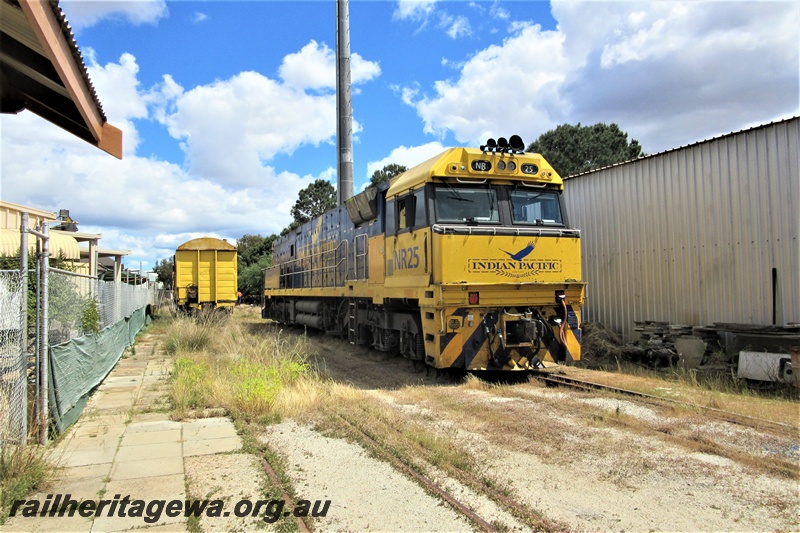 P15406
Pacific National loco NR class 25 long hood leading, passing through the site of the Rail Transport Museum bound for UGL's plant, Bassendean.
