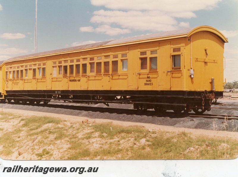 P15433
VW class 5081, ex AT class 382 suburban carriage, yellow livery, side and end view, Picton Yard, SWR line.
