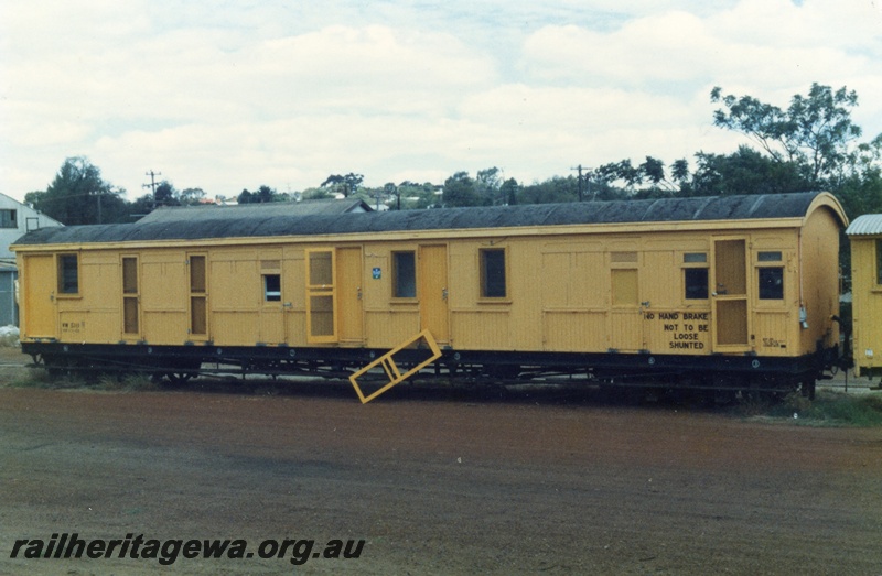 P15434
VW class 5111, ex AS class 375 suburban carriage with brake compartment, yellow livery, side and end view, old Northam yard
