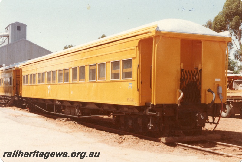 P15435
VW class 349, ex ARS class 349 country carriage with end platforms, yellow livery, side and end view, Bolgart, CM line
