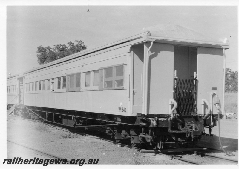 P15437
VW class 349, ex ARS class 349 country carriage with end platforms, yellow livery, side and end view, Gingin, MR line 
