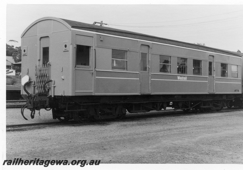 P15441
AYF class 706 suburban carriage with brake compartment, in Westrail orange livery with the blue stripe, end and side view, stowed at Armadale, SWR line
