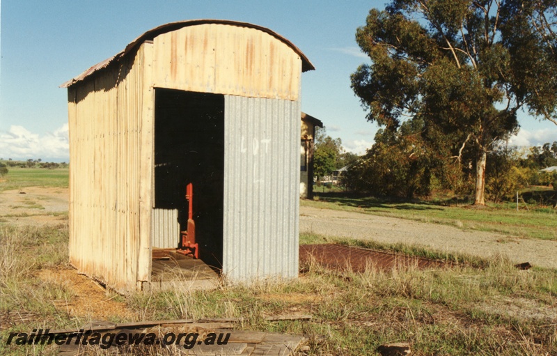 P15473
Weigh bridge shed at the abandoned railway precinct at Grass Valley, EGR line, view of the door end rear of the shed. The weighing instrument can be seen inside the shed
