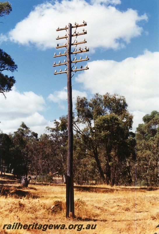 P15477
Six arm wooden telegraph pole on the abandoned railway line at Wooroloo, ER line
