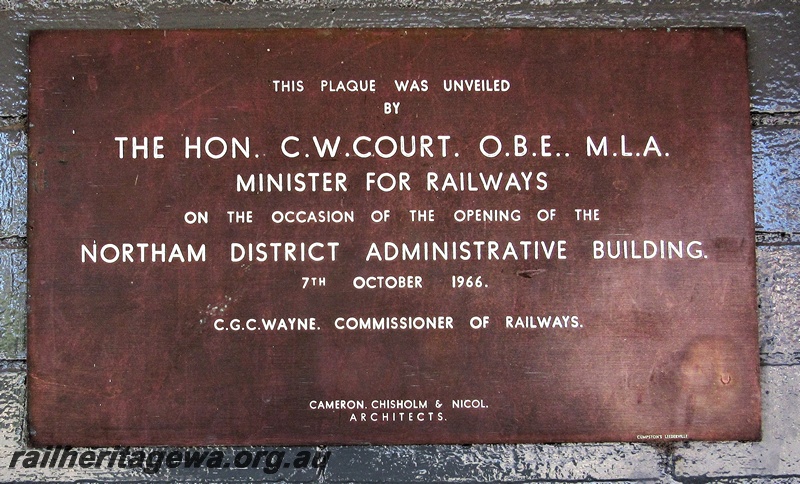 P15483
Plaque commemorating the occasion of the opening of the Northam District Administrative Building on the 7th, October, 1966 by the Minister for Railways, the Hon, C. W. Court.
