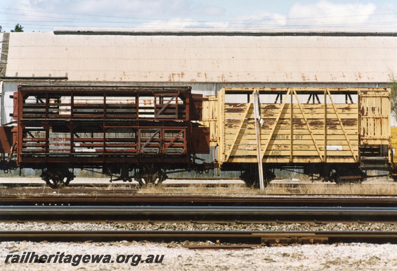 P15561
CXB class 17438 four wheel sheep wagon with split spoke wheels, an un-numbered BE class four wheel cattle wagon with Written Off and 