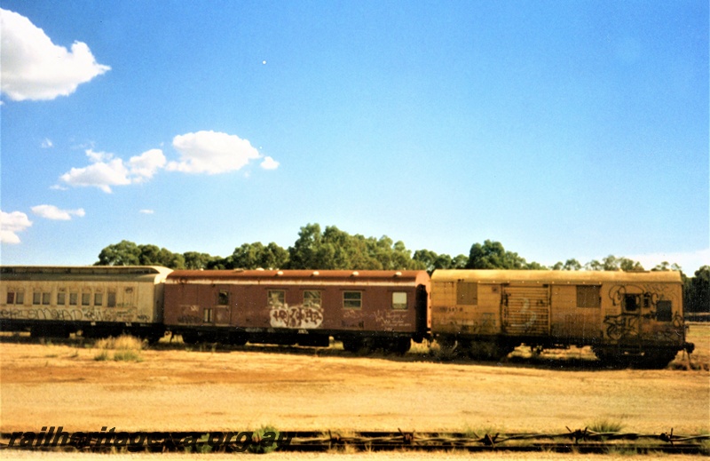 P15610
Ex Westrail WBEX class brakevan with two ex Commonwealth Railways (CR) vehicles, Forrestfield Yard, side view
